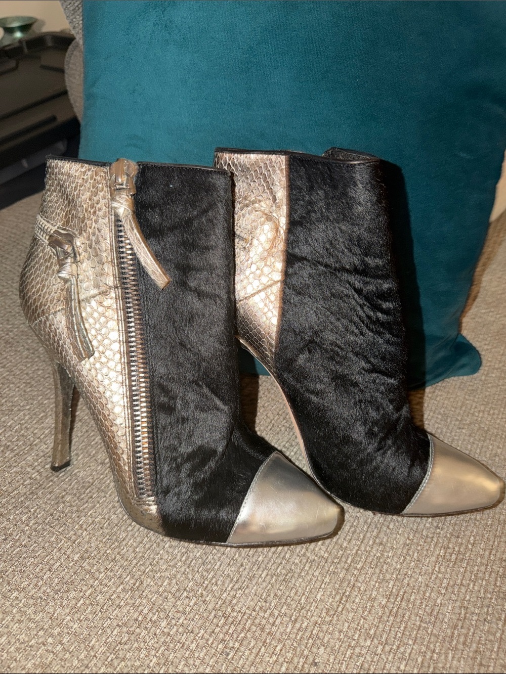 Metallic Silver and Black Snakeskin and Pony-hair  Ankle Bootie